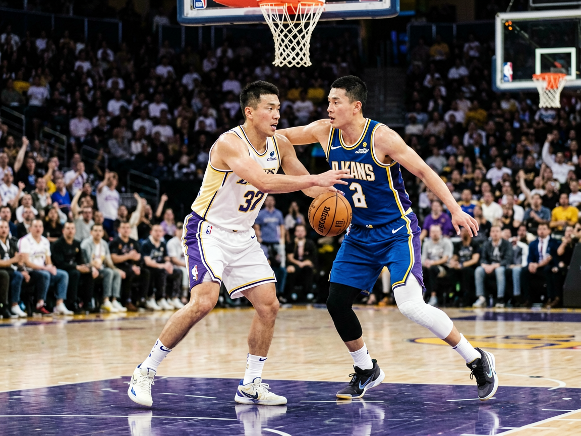 NBA篮球比赛现场，球员在球场上进行激烈对抗